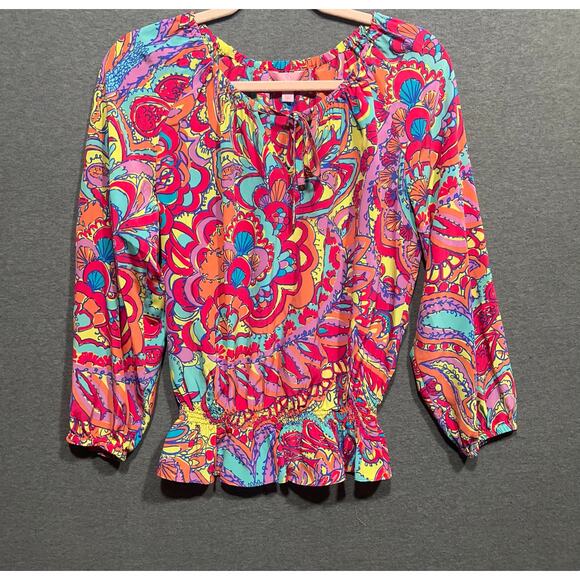 Lilly Pulitzer Womens Silk Retro Seashell Design Balloon Sleeves Blouse Size XS - Picture 2 of 10